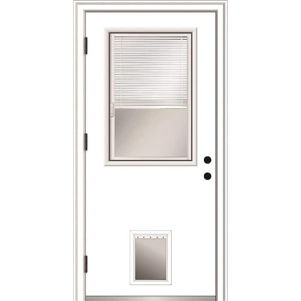 MMI Door 30 in. x 80 in. Internal Blinds Right-Hand Outswing 1/2-Lite Clear Primed Fiberglass Prehung Front Door with Pet Door