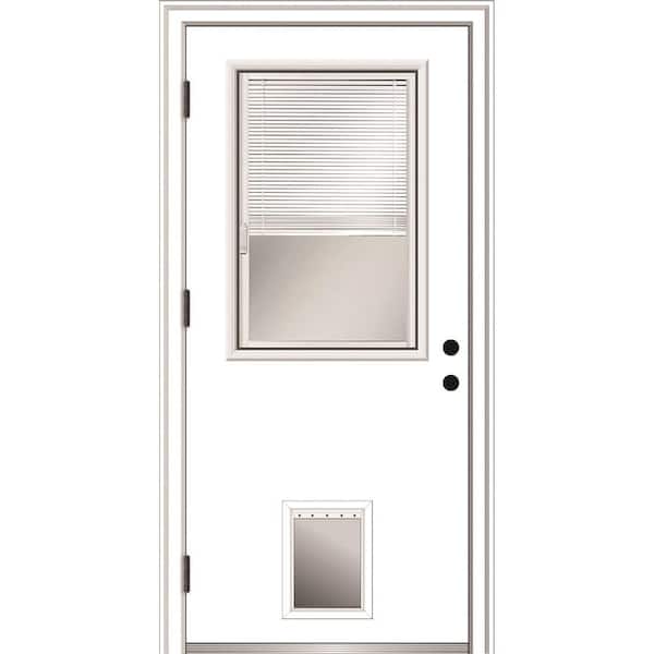 MMI DOOR 36 in. x 80 in. Internal Blinds Right-Hand Outswing 1/2 Lite Clear Primed Steel Prehung Front Door with Pet Door