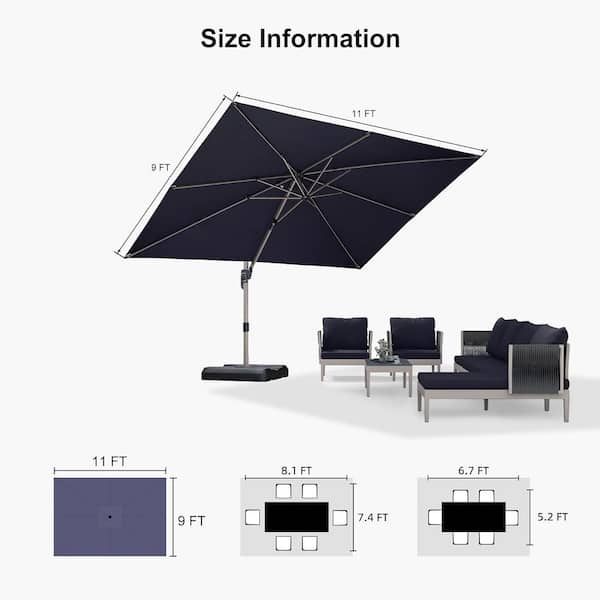 9 ft. x 11 ft. Outdoor Patio Cantilever Umbrella Light Champagne Aluminum Offset 360° Rotation Umbrella in Navy Blue
