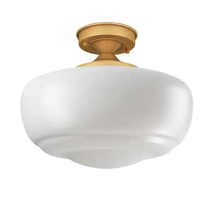 Modern 13.77 in. 1-Light Simple Gold Semi-Flush Mount Farmhouse Ceiling Lighting with White Glass Shade