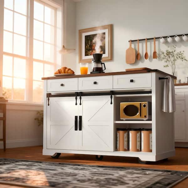 Ximuprmy White Wood 53 in. Kitchen Island with Power Outlet, 2-Sliding Barn Door and Drop Leaf for Kitchen and Dining Room