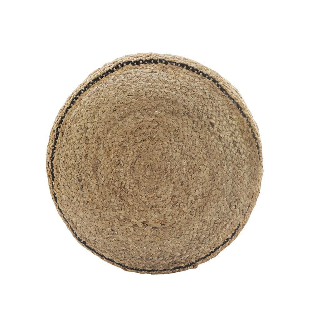 Tan and Black Hand-Woven Jute Cotton Round Pouf