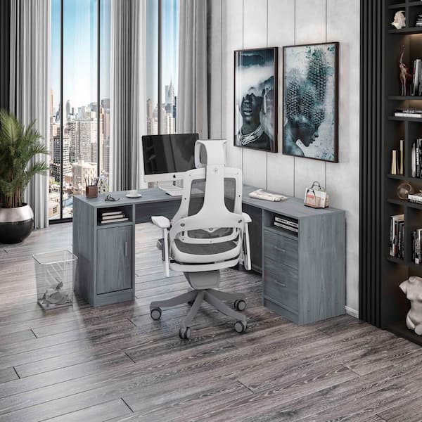 TECHNI MOBILI 60 in. L-Shaped Gray 2 Drawer Computer Desk with Built-In Storage
