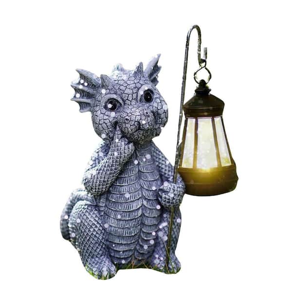 Solar Gray Dragon Statues for Front Patio Balcony Yard Art Lawn Ornaments Porch Outdoor Outside Decorations