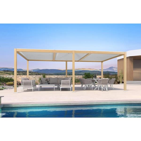 11.7 ft. x 21.2 ft. Wood Grain Aluminum Outdoor Louvered Pergola with 3-Individual Adjustable Roofs and In-Built Gutter