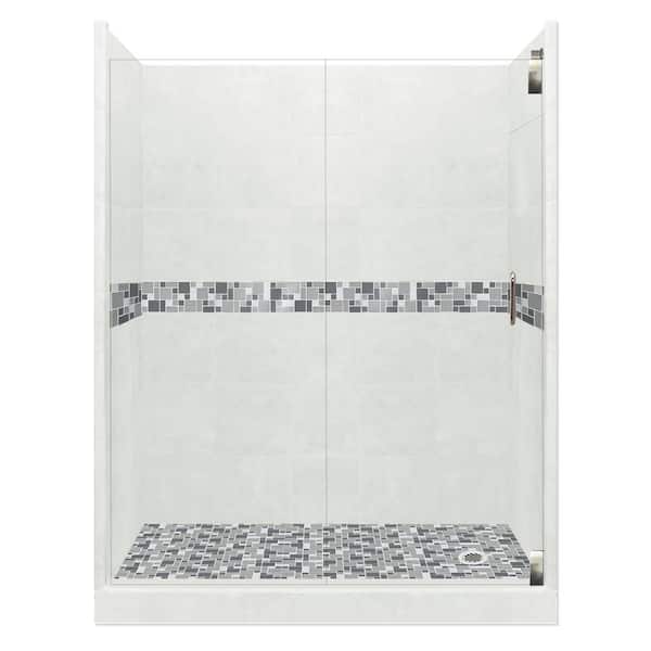 American Bath Factory Newport Grand Hinged 36 in. x 60 in. x 80 in. Right Drain Alcove Shower Kit in Natural Buff and Satin Nickel Hardware