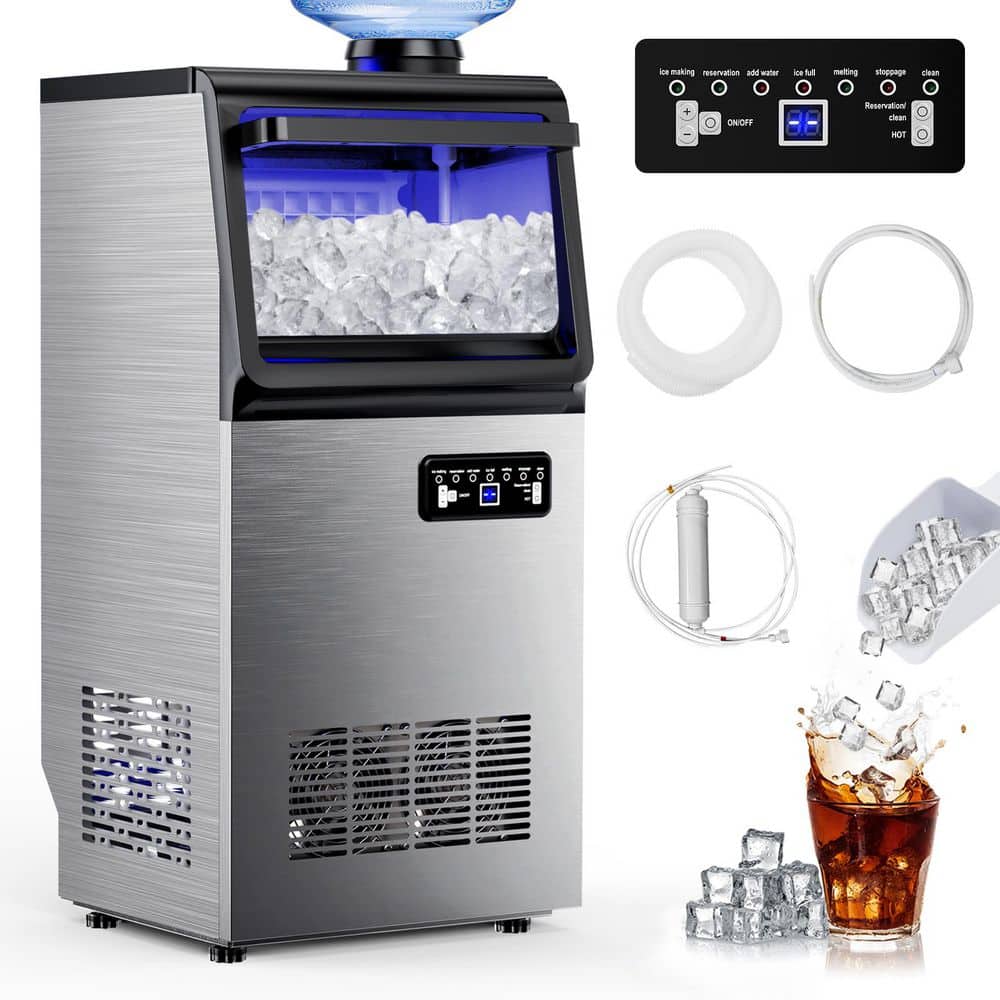 13.7 in. 110 lbs. Full Size Ice Cube/24H Built-in Ice Maker Bottled or Tap Water Sources w/ 4-Adjustable Feet in Silver