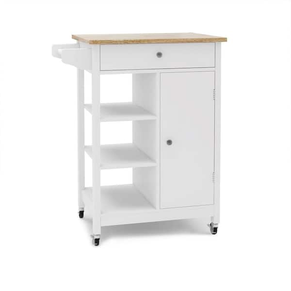 Tatahance White Kitchen Cart with Butcher Block Top and Drawer