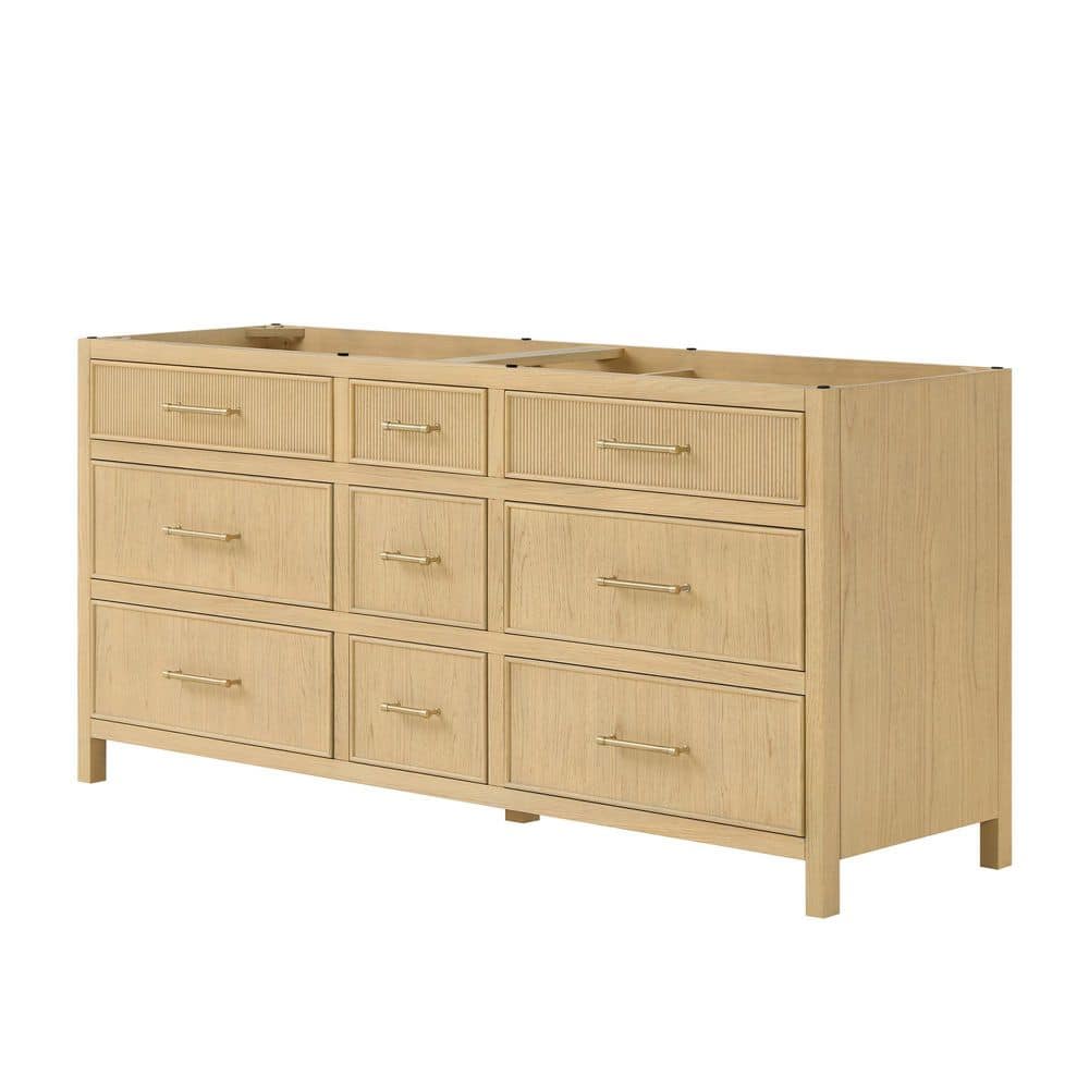 Isola 71 in. Freestanding Bath Vanity Cabinet without Top in Scandinavian Oak with Satin Bronze Trim