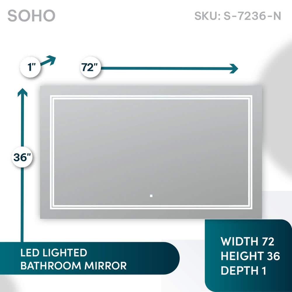Soho Sleek LED Lighted Bathroom Mirror 72"x36" with Defogger and Dimmable Ambience