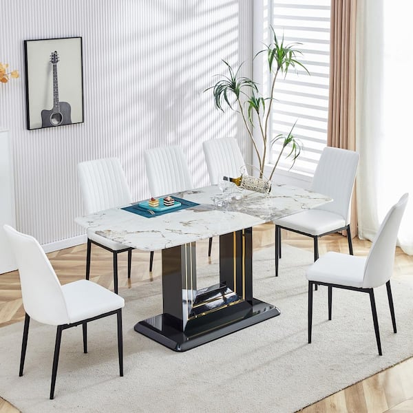 Polibi 7-Piece Faux Marble Top Dining Table Set for 6 with MDF Base, Dining Table and 6 Chairs White