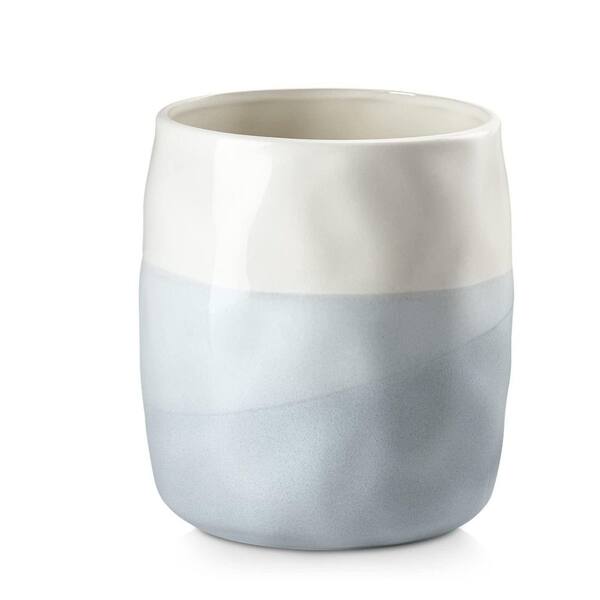 White and Blue Ceramic Kitchen Counter Utensil Holder with Cork Mat for Spoons and Tongs