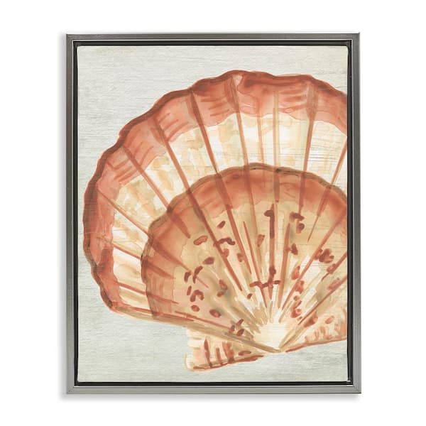 Stupell Industries Clam Shell in Beige by June Erica Vess Gray Floater Frame Coastal Graphic Art Print 31 in. x 25 in.