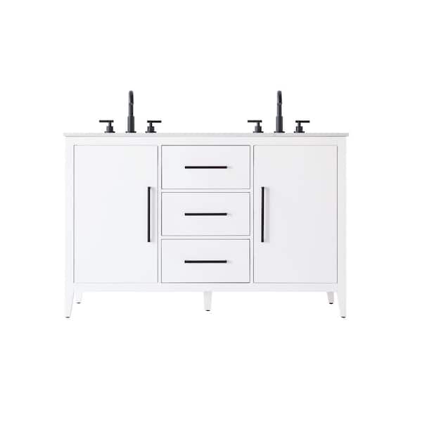 54 in. Double Sink White Bath Vanity with White Engineered Marble Top