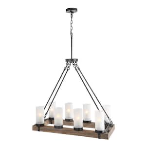 Brown Rectangular Chandelier, Farmhouse Wood 8-Light Black Dining Room Chandelier with Cylindrical Frosted Glass Shades