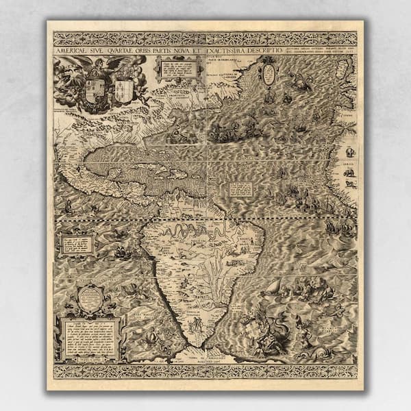 HomeRoots Market Vintage 1562 Map of Early Americas Wooden Wall Art