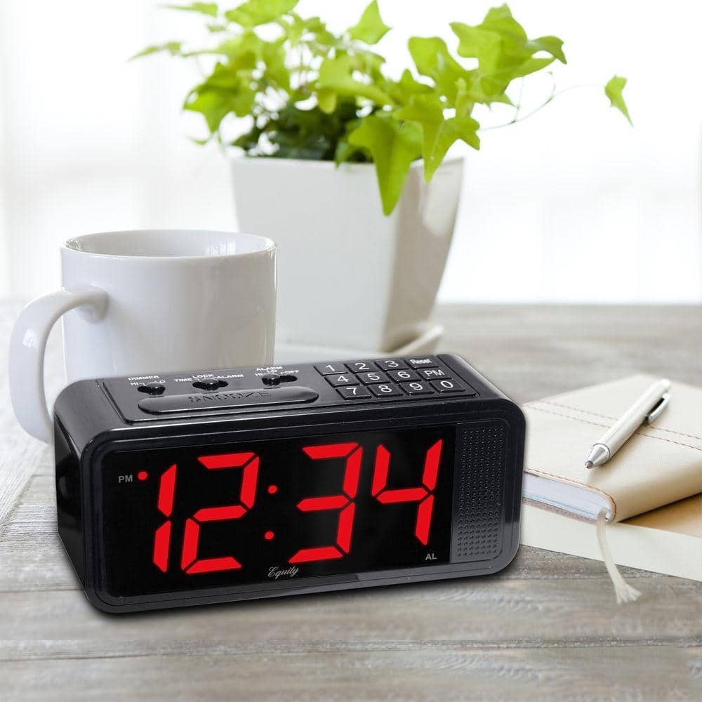 Equity by La Crosse Red 1.8 in. LED Quick Set Electric Alarm Table Clock with HI/LO Dimmer, Black -  75907