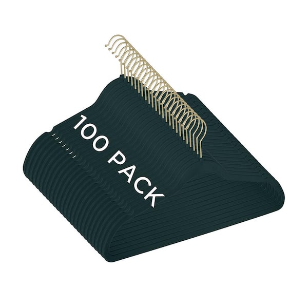 100 Pack Slim Velvet Gold Hook Hangers in Emerald