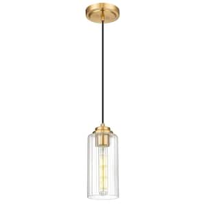 Modern 1-Light Gold Pendant Light with Clear Striped Glass Shade, No Bulbs Included