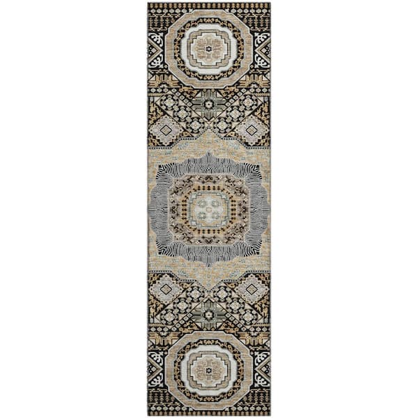 Mayfield Premium Machine Washable Abstract AMF2525 Black 2 ft. x 7 ft. Runner Rug