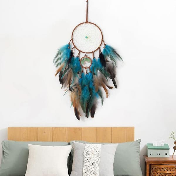 Blue 12 in. x 21.7 in. Handmade Dream Catcher with Feathers