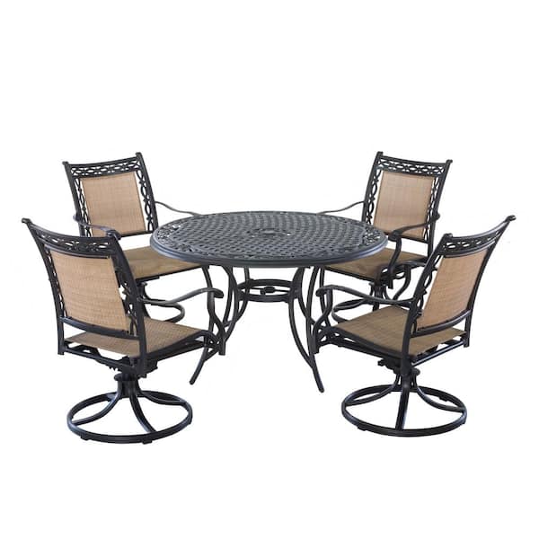 Mondawe Durable 5 Piece Cast Aluminum Metal Outdoor Dining Set With 48 In Round Table And 4 Swivel Chairs 21od14107bk The Home Depot - Home Depot Patio Furniture Table And 4 Chairs
