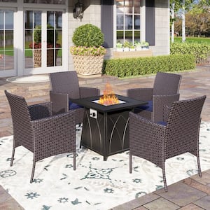 5-Piece Wicker Rattan Patio Conversation Set Firepit Chairs with Blue Cushions