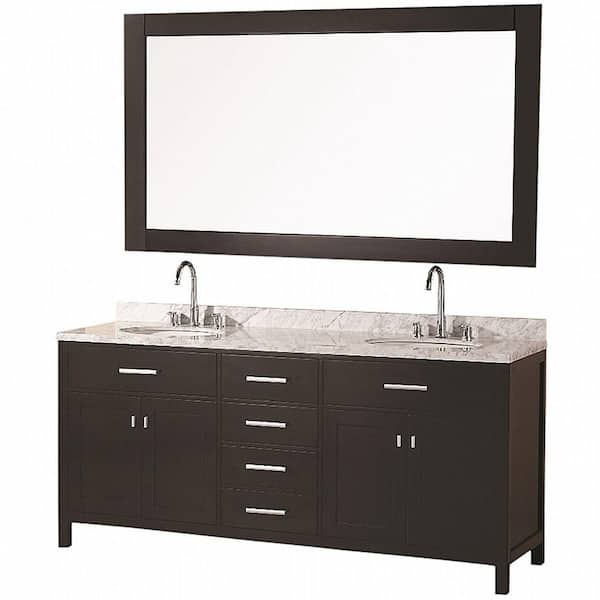 Design Element London 72 in. W x 22 in. D Vanity in Espresso with Marble Vanity Top in Carrara White and Mirror