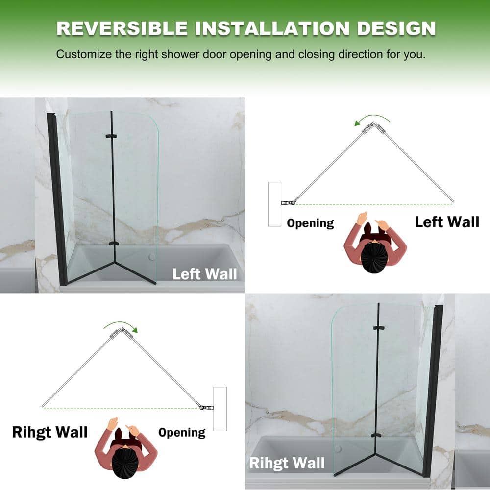 Black 43" x 55" Frameless Glass Tub Door