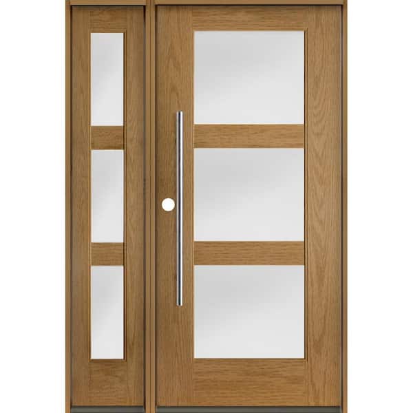 Krosswood Doors Modern Faux Pivot 50 in. x 80 in. 3-Lite Right-Hand/Inswing Satin Glass Bourbon Stain Fiberglass Prehung Front Door wLSL