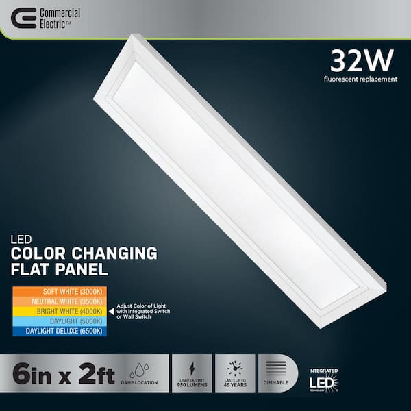 Commercial Electric 6 in. x 2 ft. 950 Lumens Dimmable White Integrated LED  Flat Panel Ceiling Flush Mount Fixture with Color Change 5CCT  FP0.5X2/6WY/WH/HD - The Home Depot