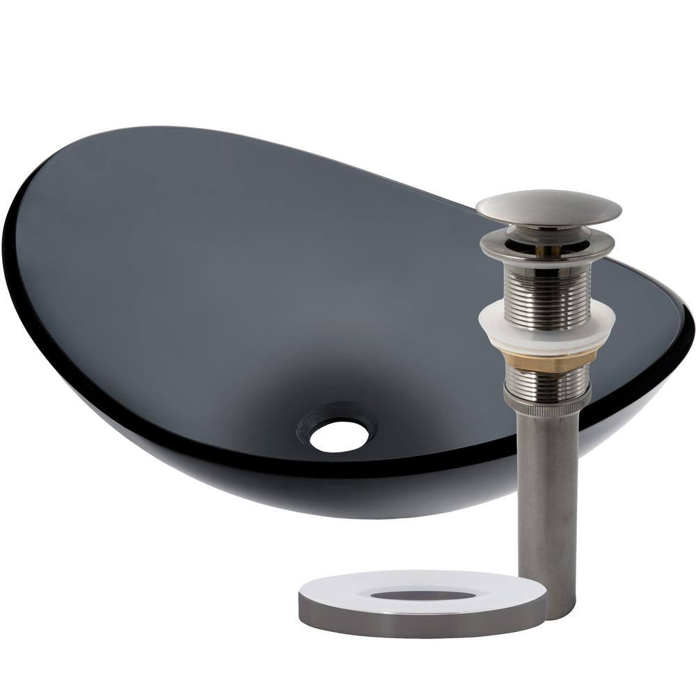 Gray Tempered Glass Oval Bathroom Vessel Sink with Drain