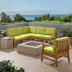 Illona 8-Piece Teak Wood Patio Fire Pit Conversation Set in Brown with Green Cushions