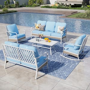 White 5-Piece Metal Outdoor Patio Conversation Seating Set with Rocking Chairs, Marbling Coffee Table and blue Cushions