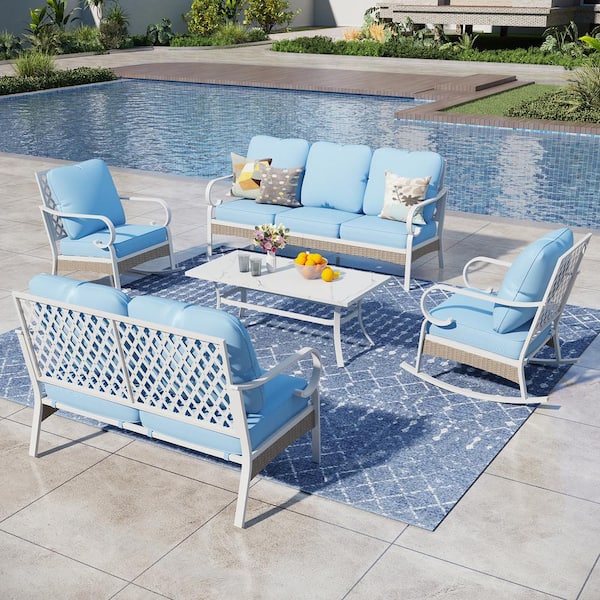 PHI VILLA White 5-Piece Metal Outdoor Patio Conversation Seating Set with Rocking Chairs, Marbling Coffee Table and blue Cushions