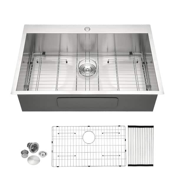 RAINLEX 33 in. L x 22 in. W Drop-in Single Bowl 18 Gauge Stainless Steel Kitchen Sink in Brushed Nickel