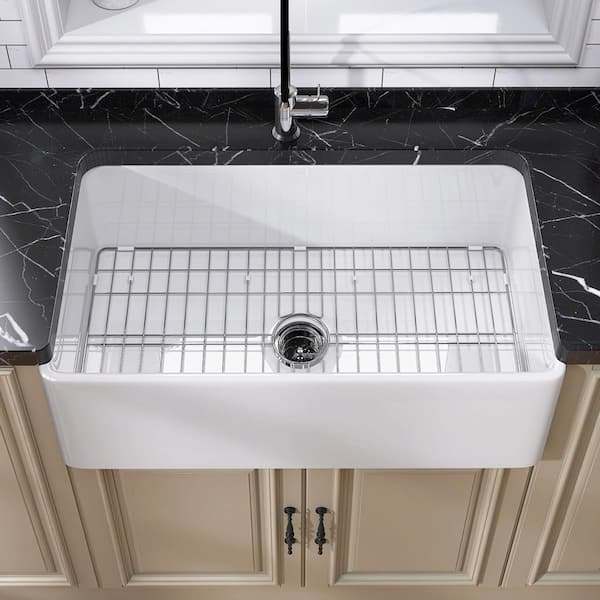 30 in. Apron Front Single Bowl White Fireclay Farmhouse Kitchen Sink with Bottom Grid and Strainer