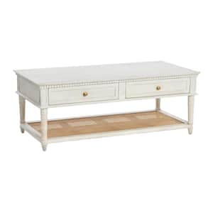 Maxwelton 48 in. White Acacia Wood and Cane Coffee Table with Drawers