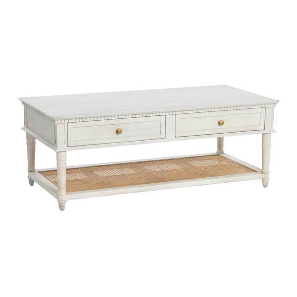 Storied Home Maxwelton 48 in. White Acacia Wood and Cane Coffee Table with Drawers