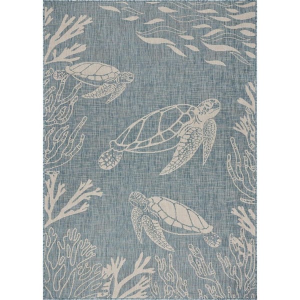 Blue, Gray 8 ft. x 9 ft. Loomed Polypropylene Indoor/Outdoor Area Rug