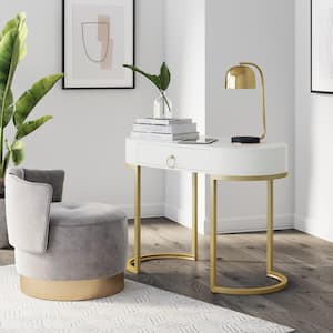 Leighton 42 in. Oval White Wood 1 Drawer Writing Desk or Vanity with Gold Accent