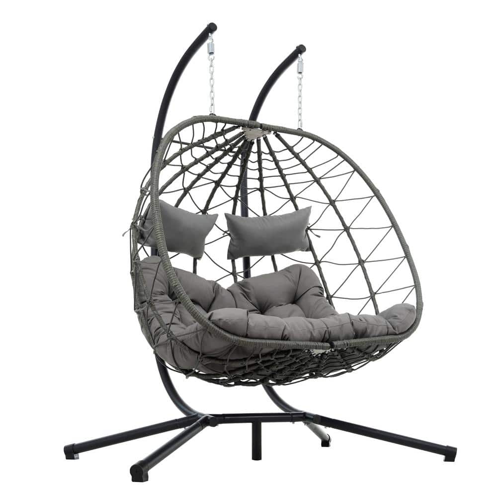 2-Person Wicker Egg Chair with Stand Indoor/Outdoor Hanging Swing for Patio