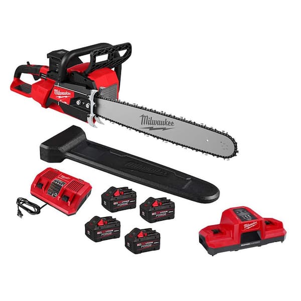 M18 FUEL 18V Brushless Cordless 20 in. Dual Battery Chainsaw Kit with (4) 8.0 Ah FORGE Batteries, (2) Dual Bay Chargers