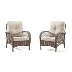 2-Pack Brown Wicker Outdoor Lounge Chair, Patio Chairs with Beige Cushion