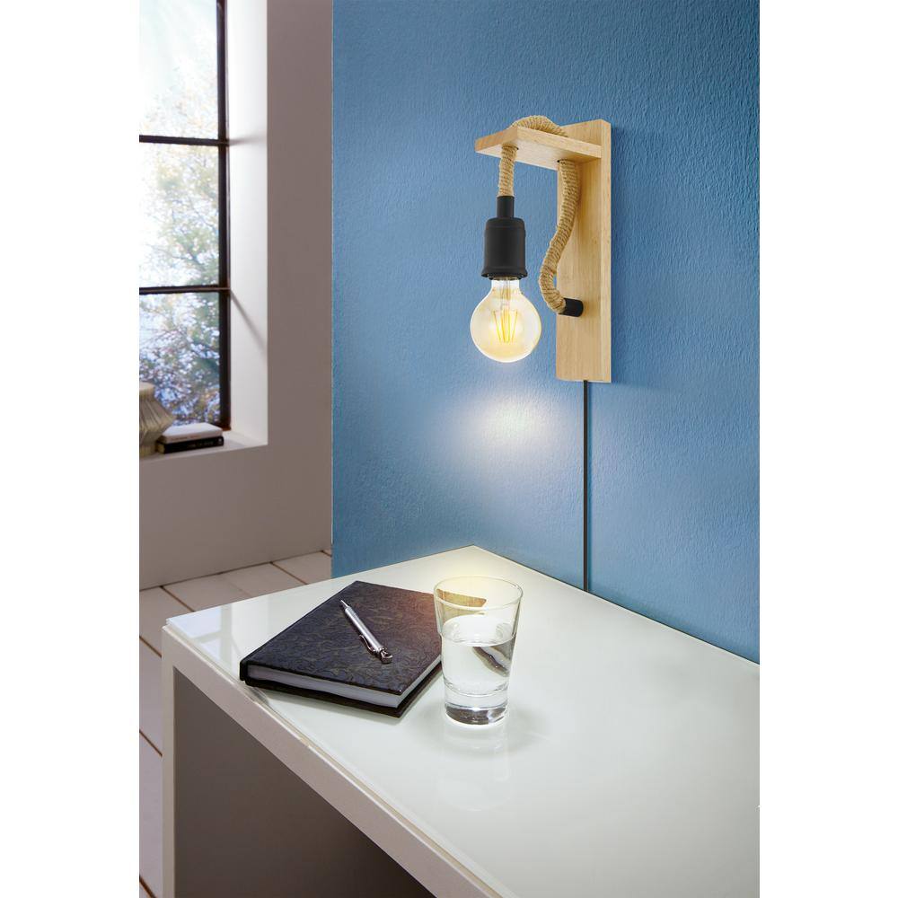 Natural Wood and Black Rope Wall Sconce with Open Bulb