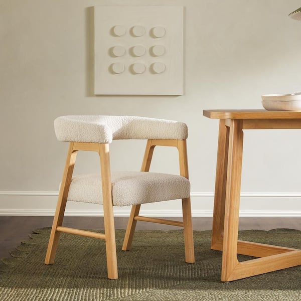 2-Piece Modern Ivory Rounded Back Solid Wood and Boucle Upholstery Dining Chairs