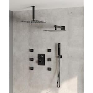 Luxury 15-Spray Wall and Ceiling Mount Triple Fixed and Handheld Dual Shower Head with 6-Jets in Matte Black