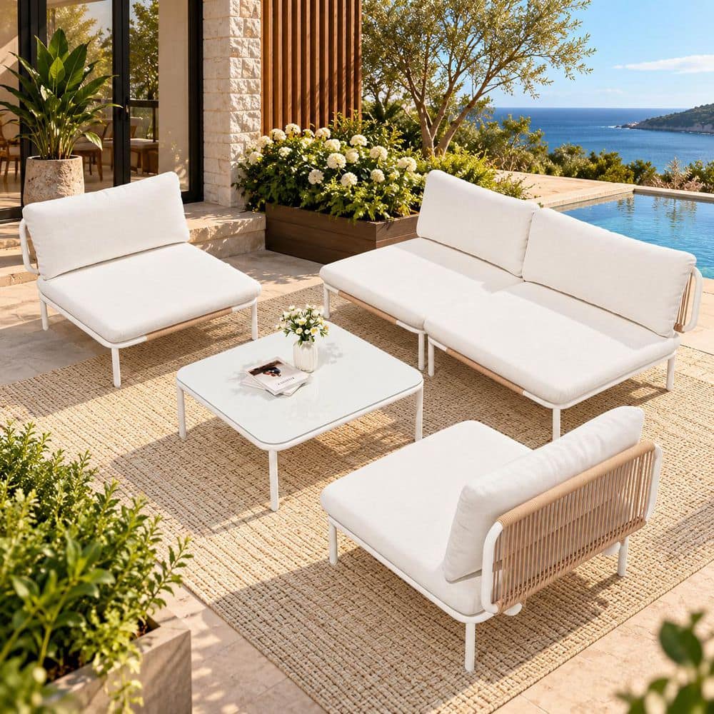 5-Pieces Metal Frame Patio Outdoor Sectional Set Sofa w/ Thick Cushion Deep Seating Table in Beige for Balcony Backyard
