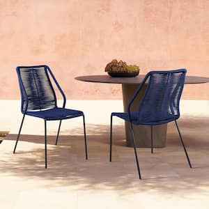 Clip Steel Stackable Indoor Outdoor Dining Chair with Blue Rope (Set of 2)