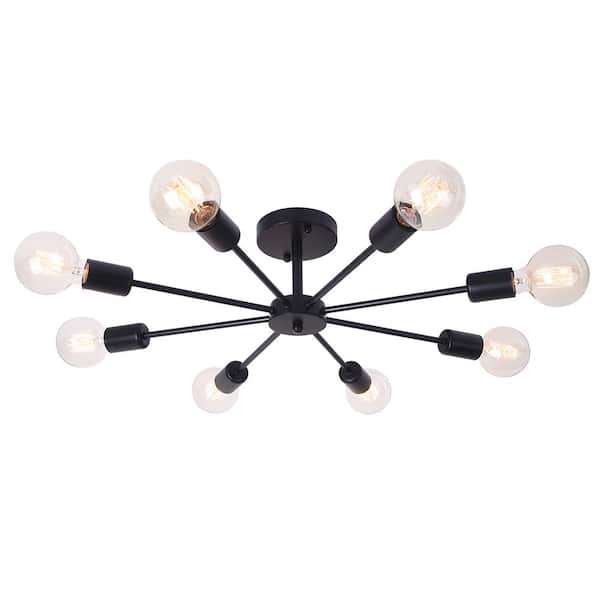 Rennnsan Claire 24 in. 8-Light Black Mid-Century Pendant Ceiling Light Sputnik Semi- Flush Mount Light